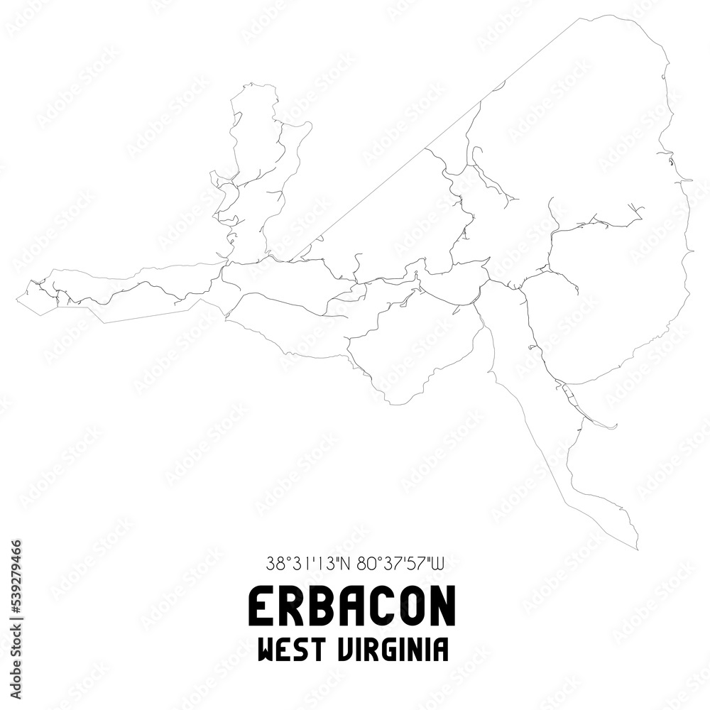 Erbacon West Virginia. US street map with black and white lines.