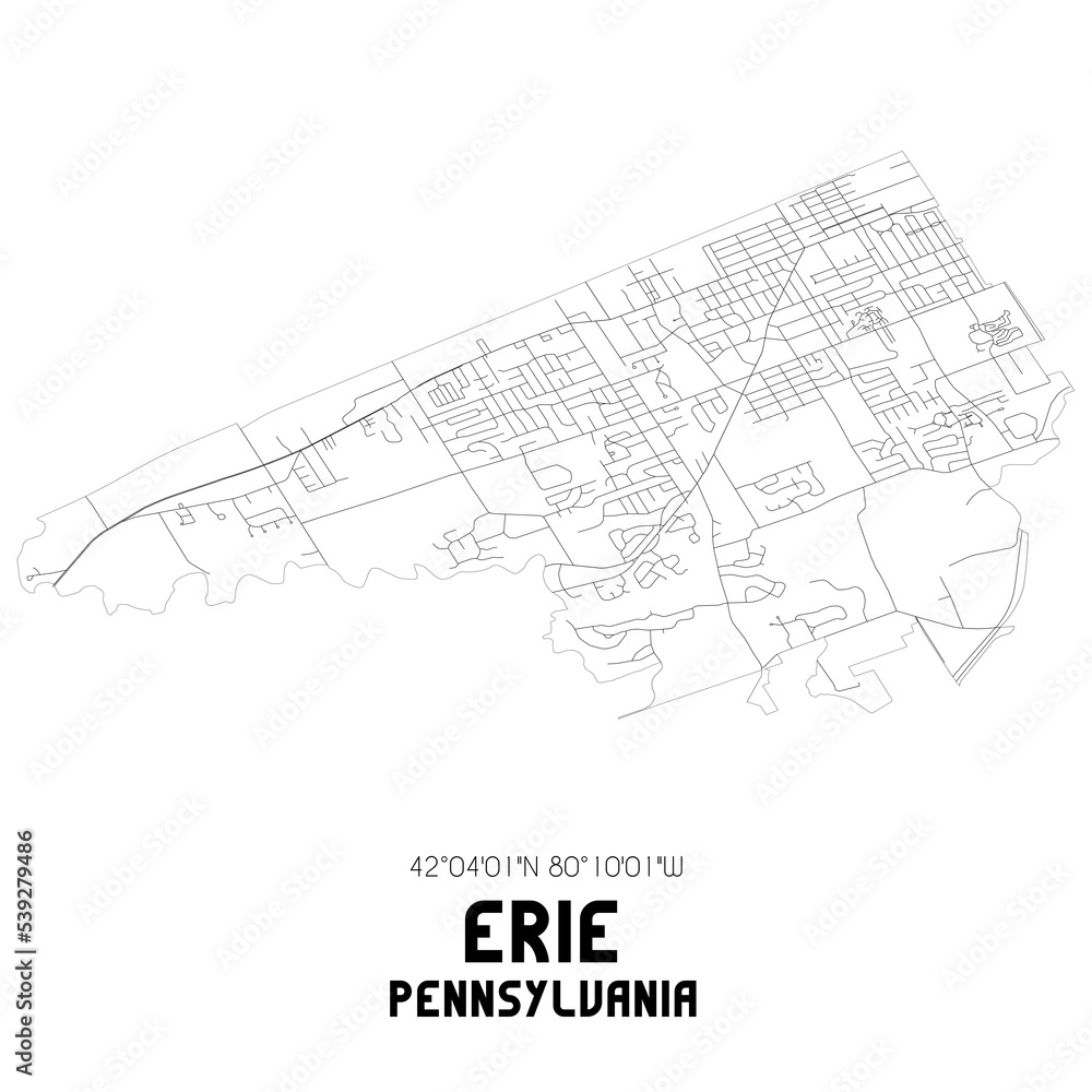 Erie Pennsylvania. US street map with black and white lines.
