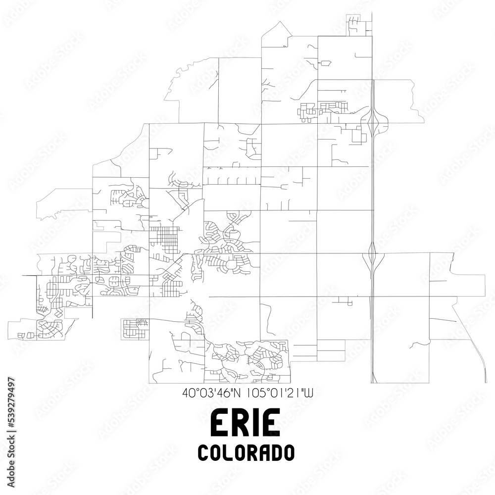 Erie Colorado. US street map with black and white lines.