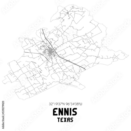 Ennis Texas. US street map with black and white lines.