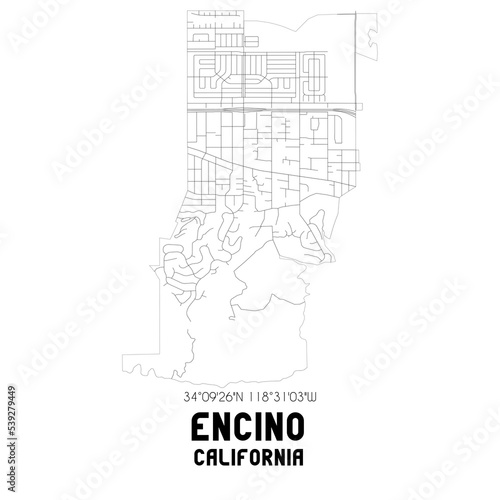 Encino California. US street map with black and white lines.