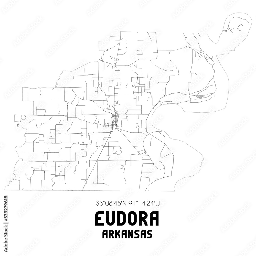 Eudora Arkansas. US street map with black and white lines.