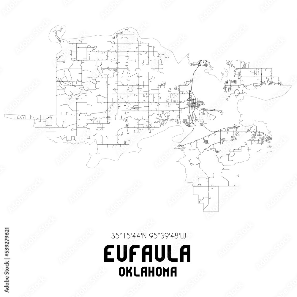 Eufaula Oklahoma. US street map with black and white lines.
