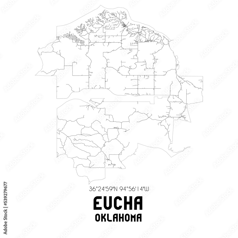 Eucha Oklahoma. US street map with black and white lines.