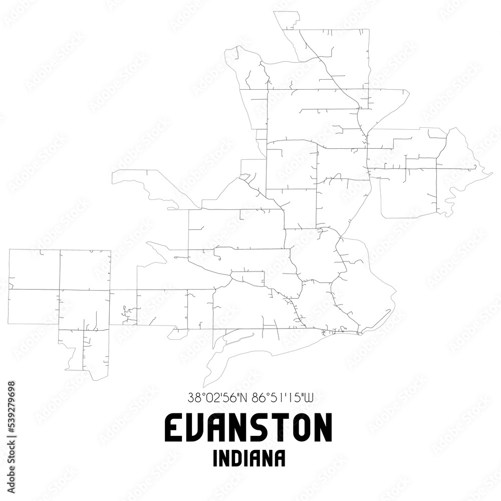 Evanston Indiana. US street map with black and white lines.