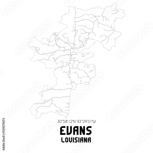 Evans Louisiana. US street map with black and white lines.