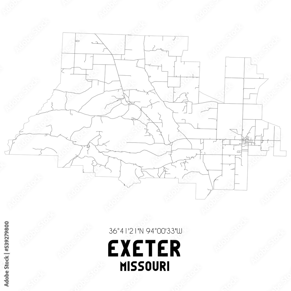 Exeter Missouri. US street map with black and white lines.