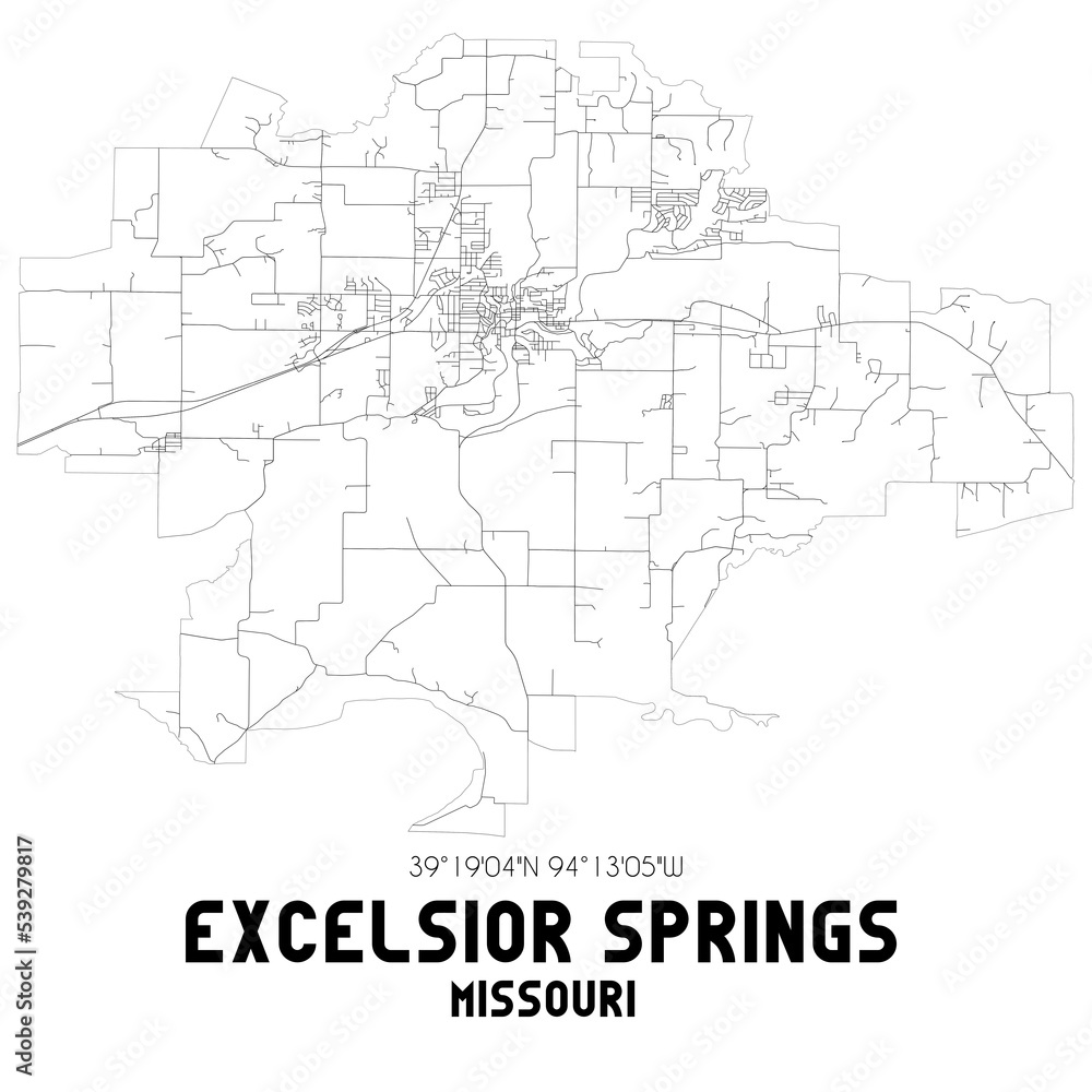 Excelsior Springs Missouri. US street map with black and white lines.