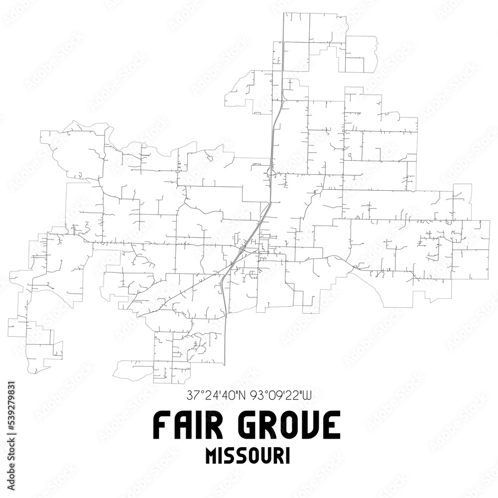 Fair Grove Missouri. US street map with black and white lines.