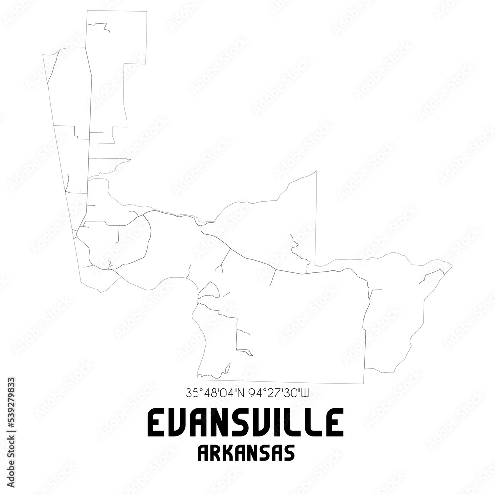 Evansville Arkansas. US street map with black and white lines.