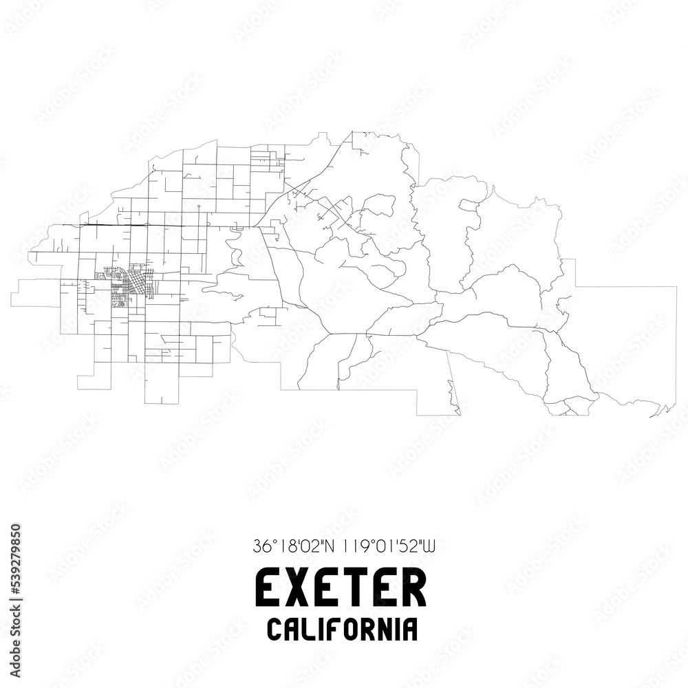 Exeter California. US street map with black and white lines.