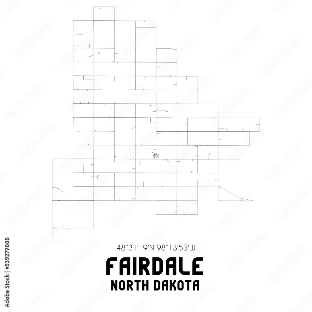Fairdale North Dakota. US street map with black and white lines.