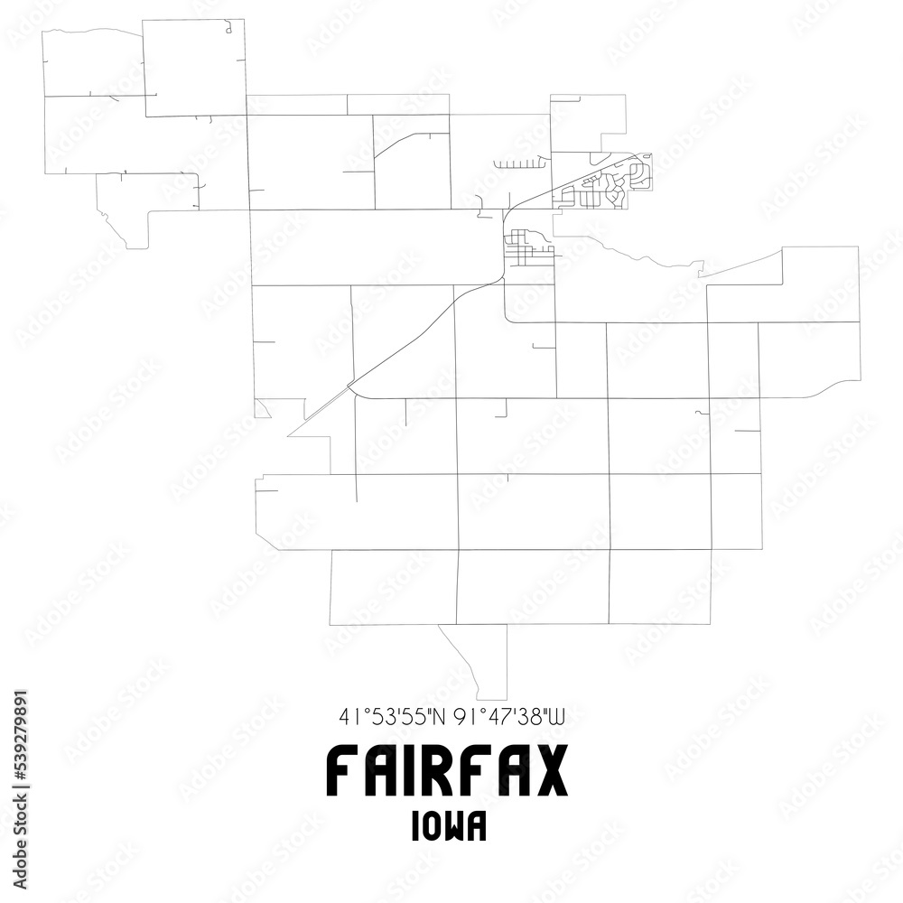 Fairfax Iowa. US street map with black and white lines.