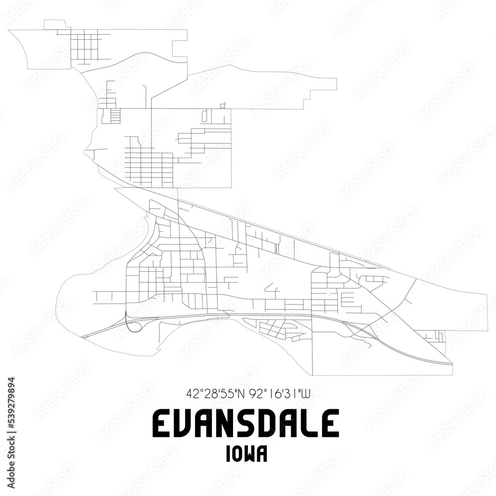 Evansdale Iowa. US street map with black and white lines. Evansdale Iowa. US street map with black and white lines.