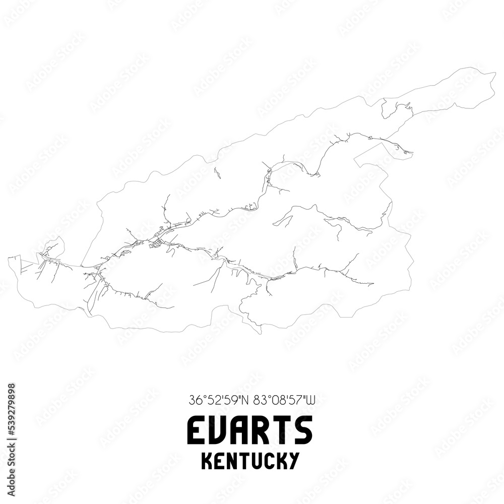 Evarts Kentucky. US street map with black and white lines.