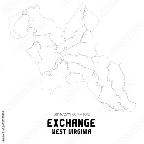 Exchange West Virginia. US street map with black and white lines.
