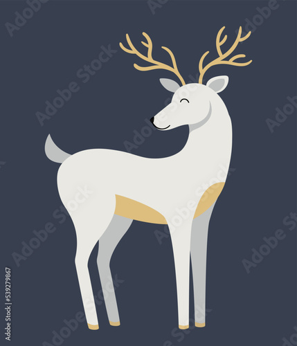 Grey deer icon. Sticker for social networks and messengers, charming animal. Mascot or toy for children. White animal with horns. Nature, fauna and wildlife. Cartoon flat vector illustration