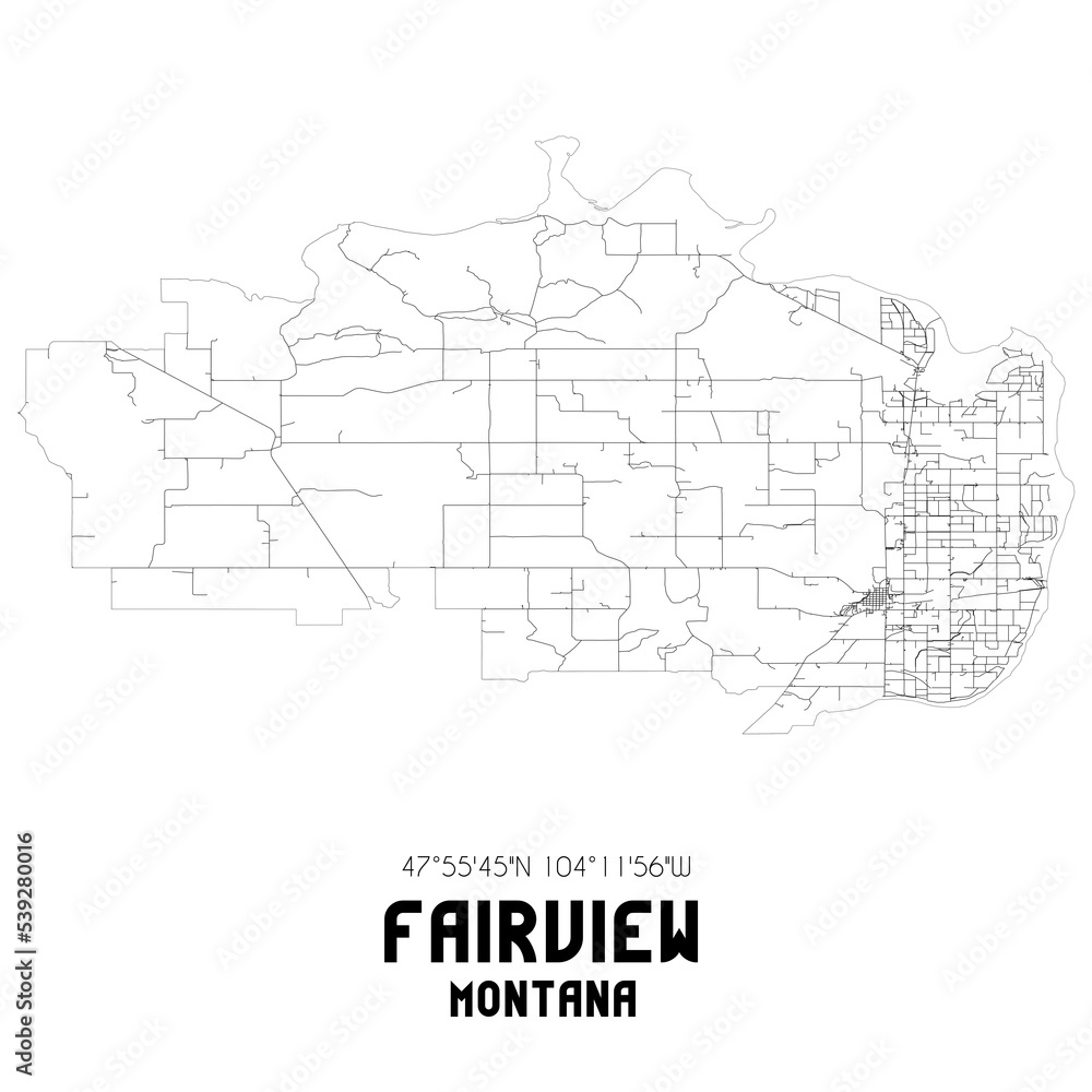 Fairview Montana. US street map with black and white lines.