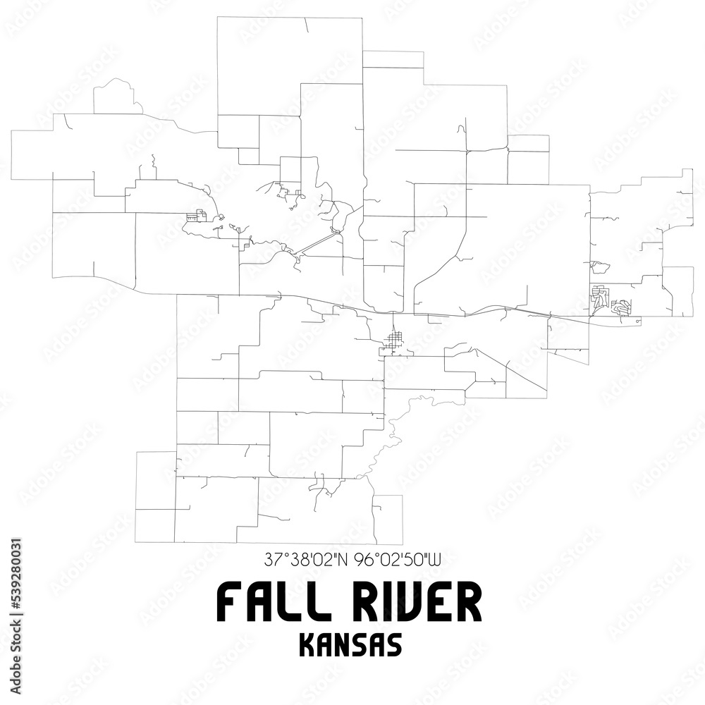 Fall River Kansas. US street map with black and white lines.