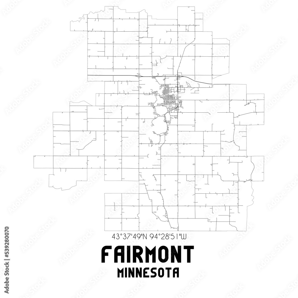 Fairmont Minnesota. US street map with black and white lines.