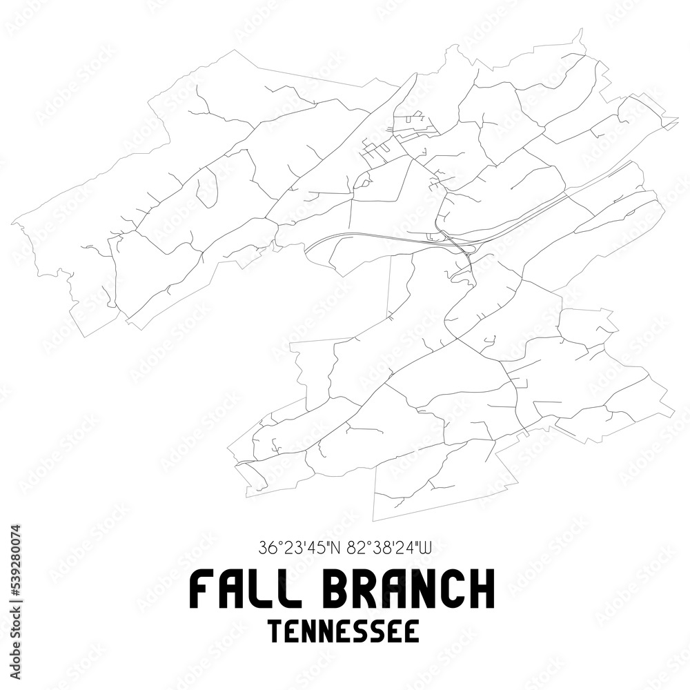 Fall Branch Tennessee. US street map with black and white lines.