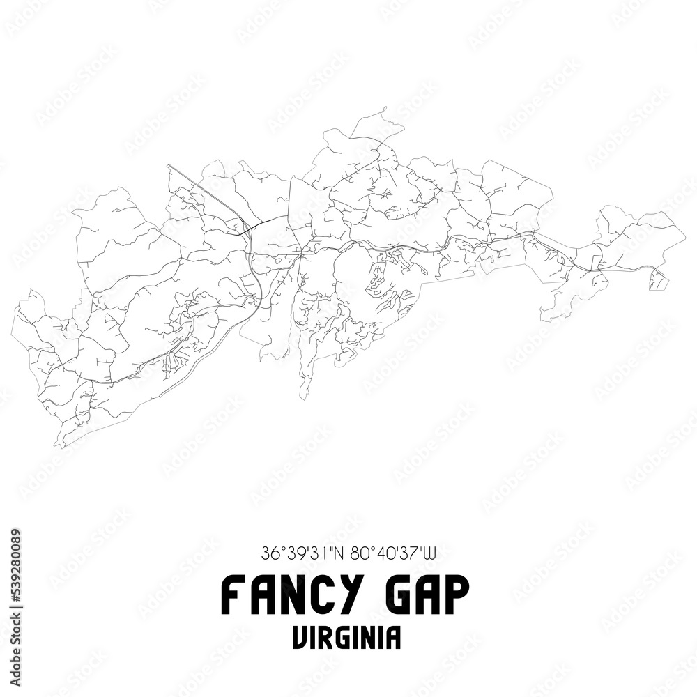 Fancy Gap Virginia. US street map with black and white lines.