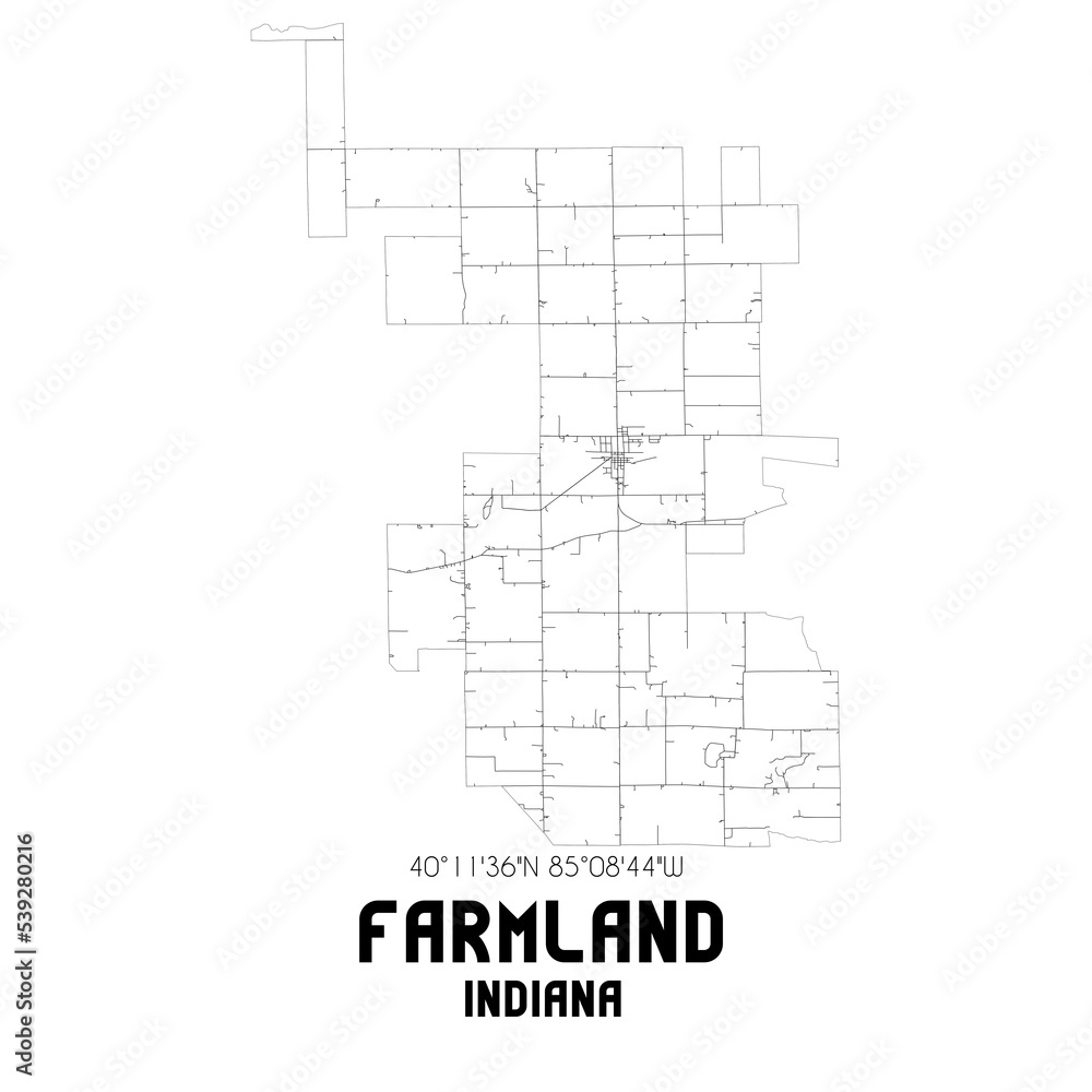 Farmland Indiana. US street map with black and white lines.