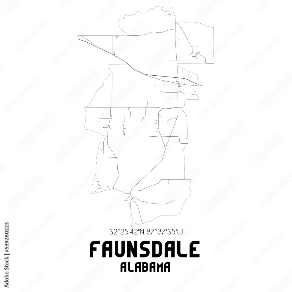 Faunsdale Alabama. US street map with black and white lines.