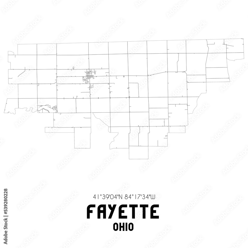 Fayette Ohio. US street map with black and white lines.