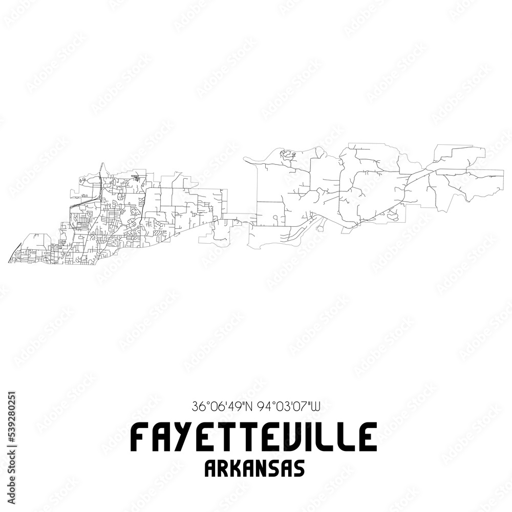 Fayetteville Arkansas. US street map with black and white lines.