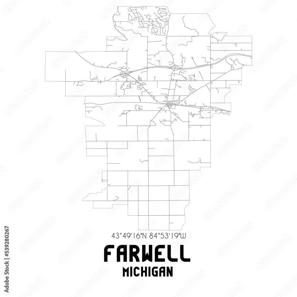 Farwell Michigan. US street map with black and white lines. Farwell Michigan. US street map with black and white lines.