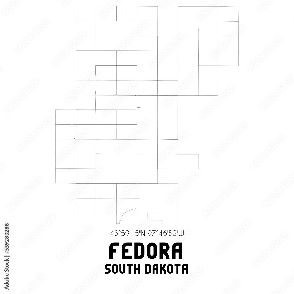 Fedora South Dakota. US street map with black and white lines.