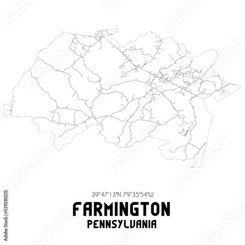 Farmington Pennsylvania. US street map with black and white lines.