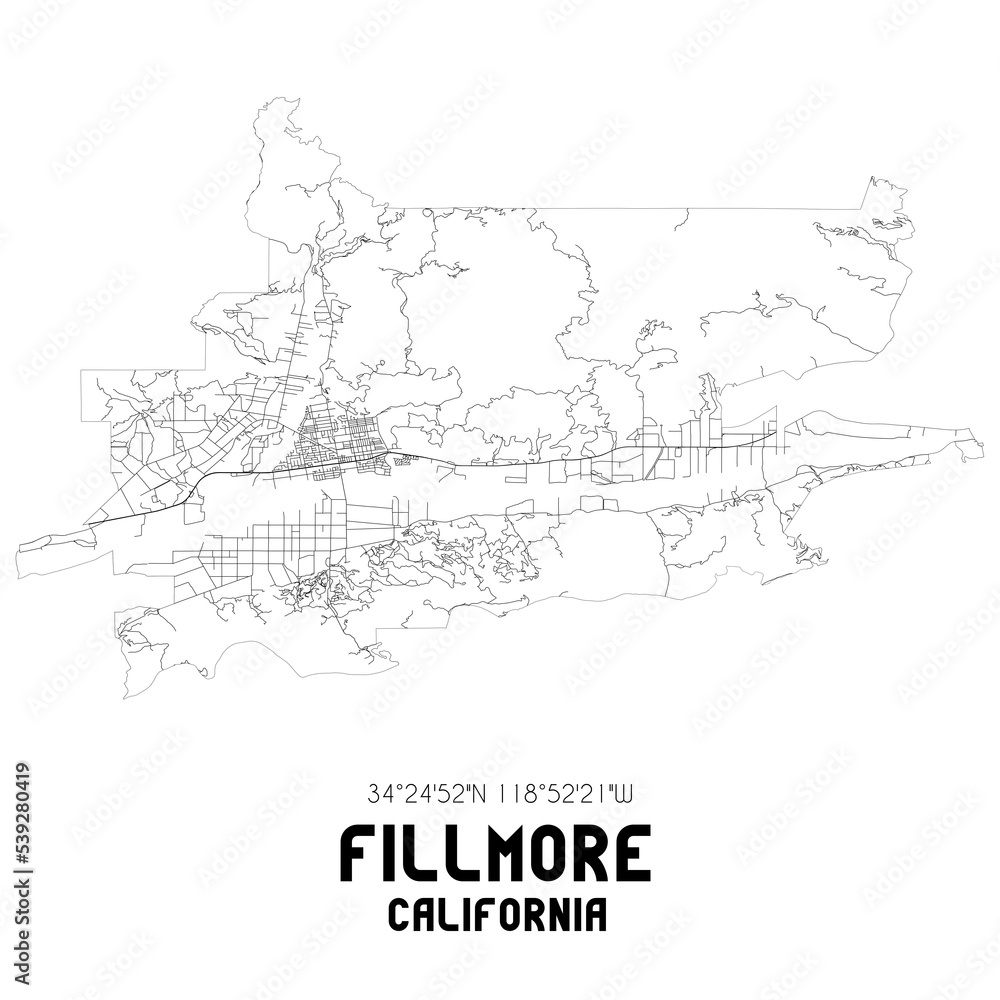 Fototapeta premium Fillmore California. US street map with black and white lines.