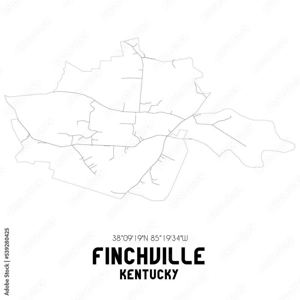 Finchville Kentucky. US street map with black and white lines.