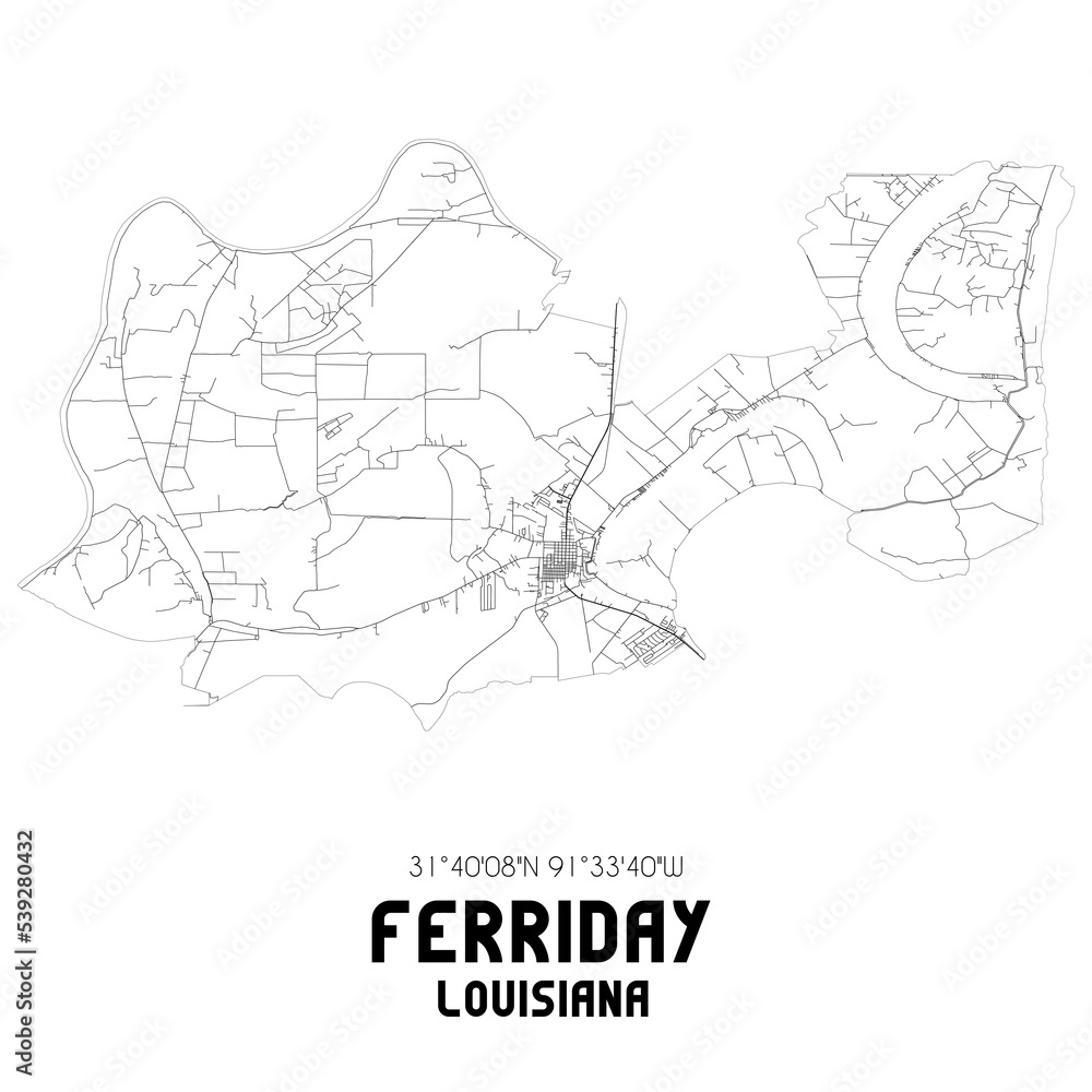 Ferriday Louisiana. US street map with black and white lines.