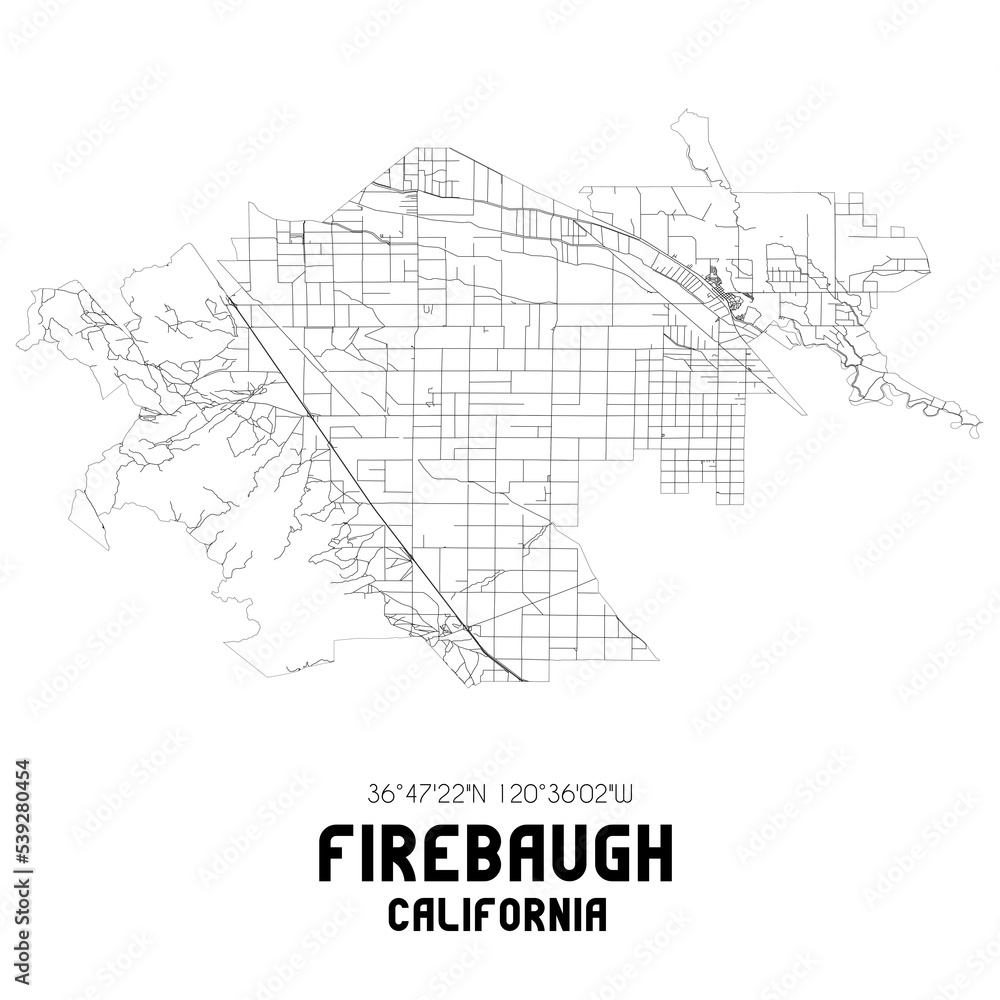 Firebaugh California. US street map with black and white lines.