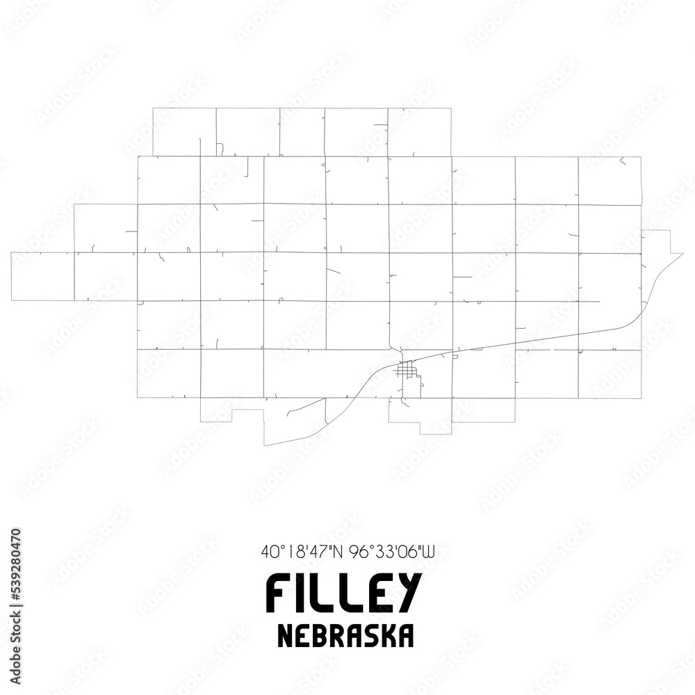 Filley Nebraska. US street map with black and white lines.