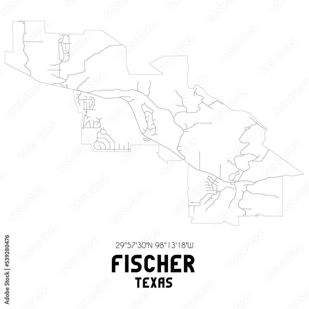 Fischer Texas. US street map with black and white lines.