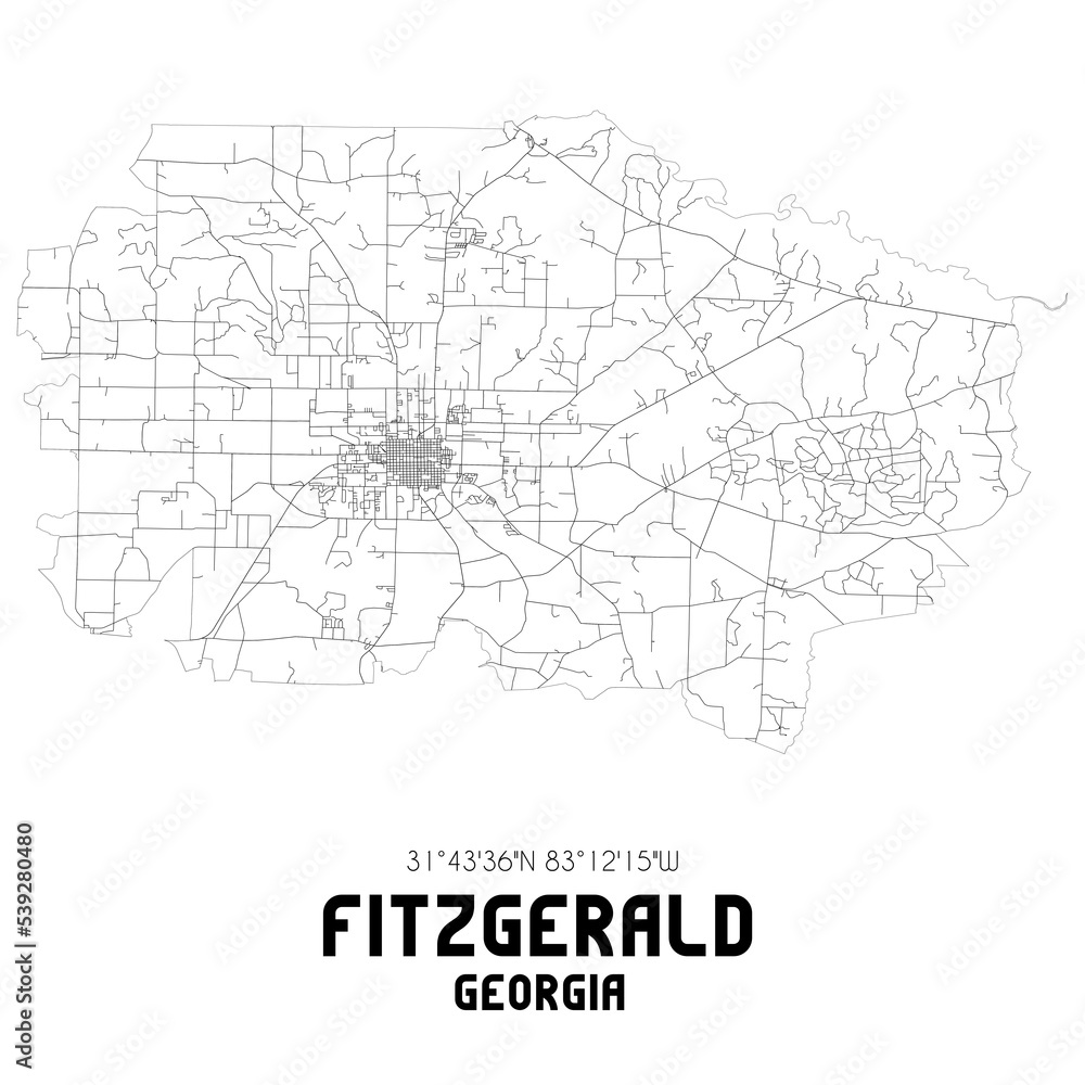 Fitzgerald Georgia. US street map with black and white lines.