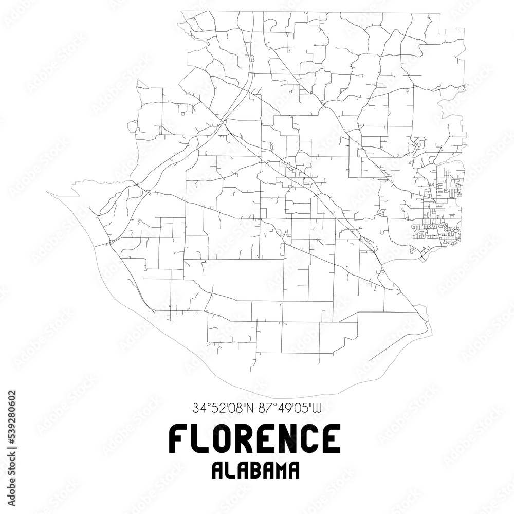 Florence Alabama. US street map with black and white lines.