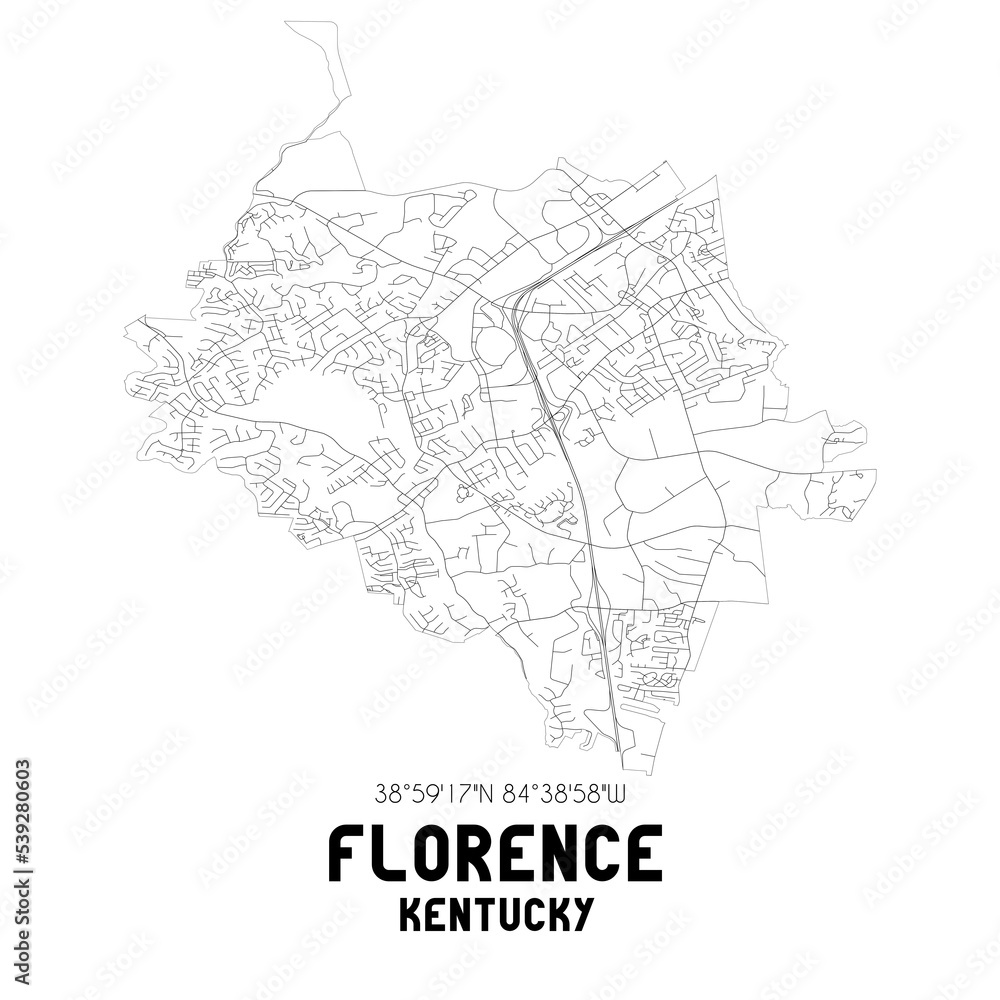 Florence Kentucky. US street map with black and white lines.