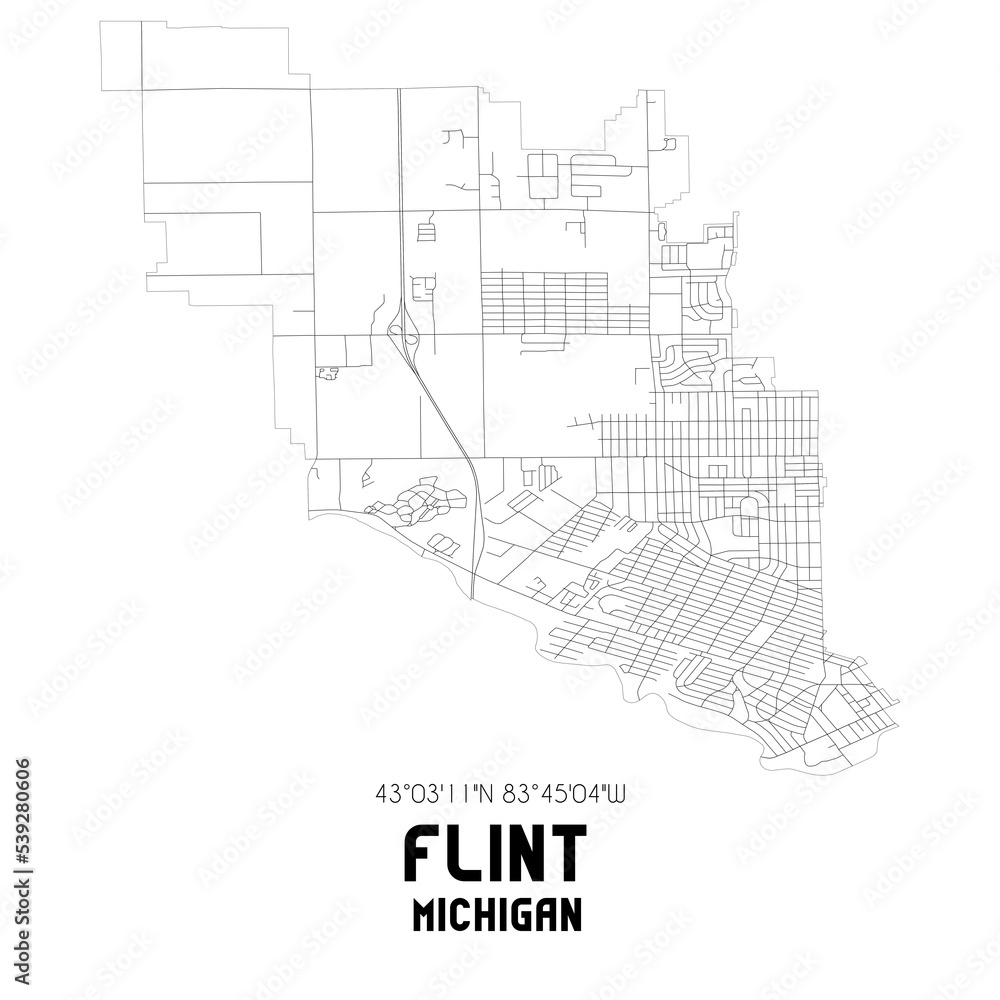 Flint Michigan. US street map with black and white lines.