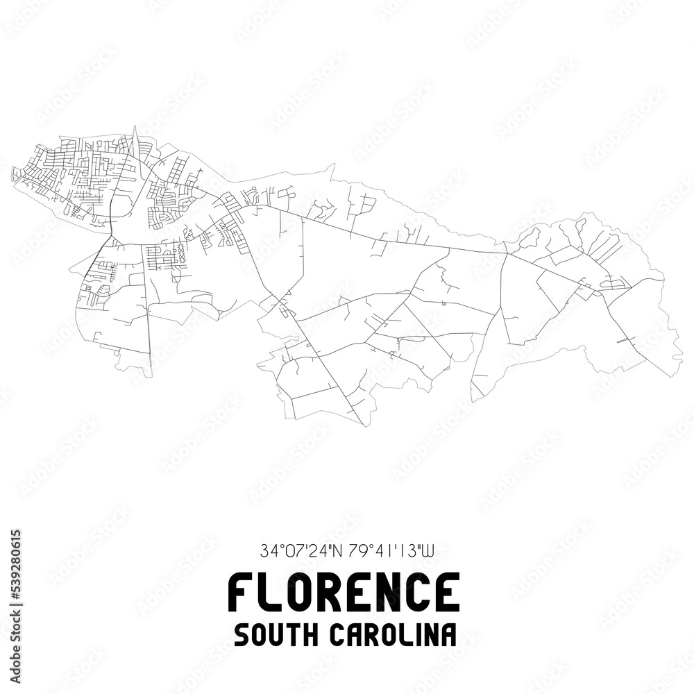 Florence South Carolina. US street map with black and white lines.