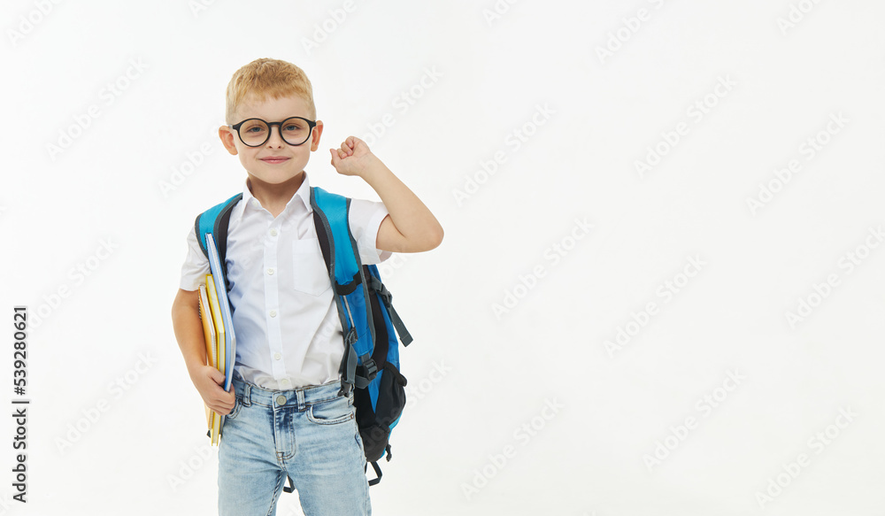 Back to school. Funny little boy from elementary school with a book, a backpack and glasses on a white background. Laughs merrily. Preparation for school. Concept of early development Back to school. Funny little boy from elementary school with a book, a backpack and glasses on a white background. Laughs merrily. Preparation for school. Concept of early development