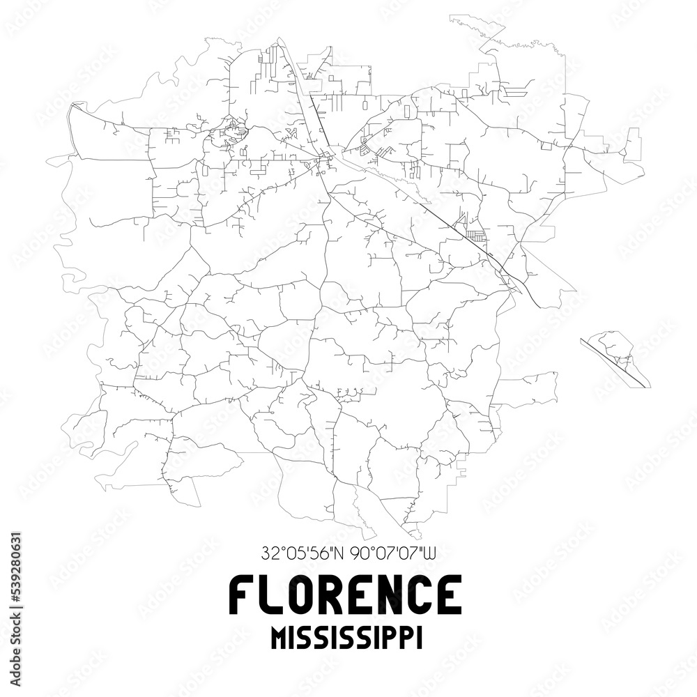 Florence Mississippi. US street map with black and white lines.