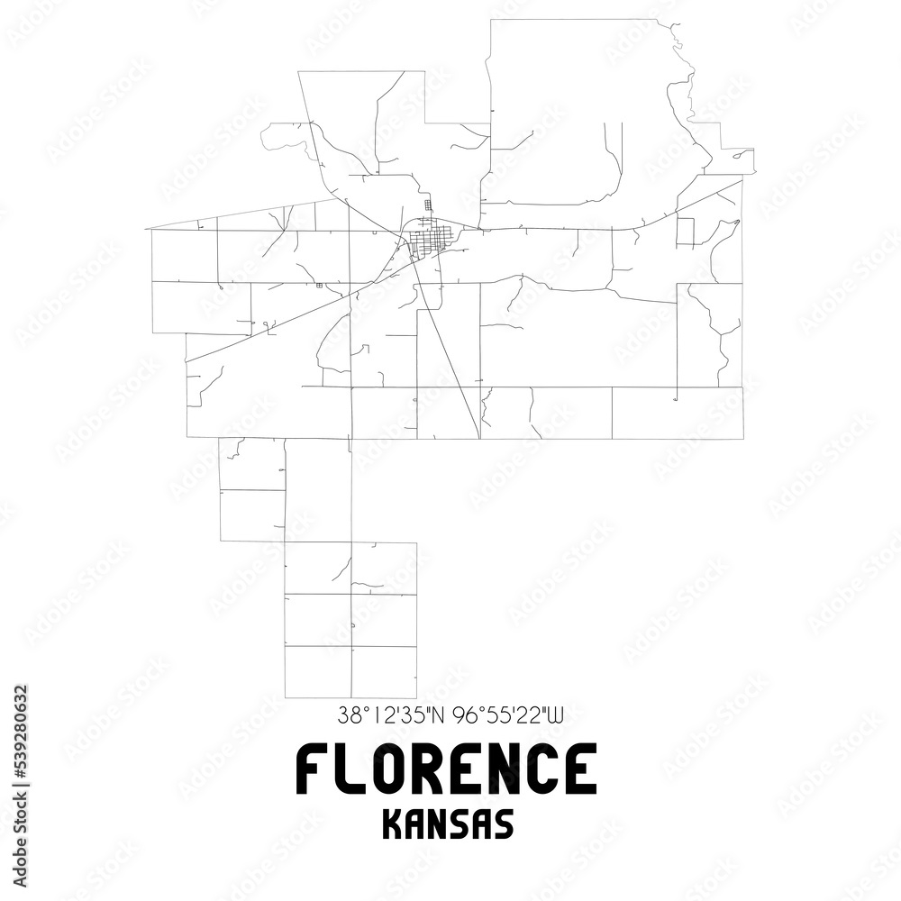 Florence Kansas. US street map with black and white lines.