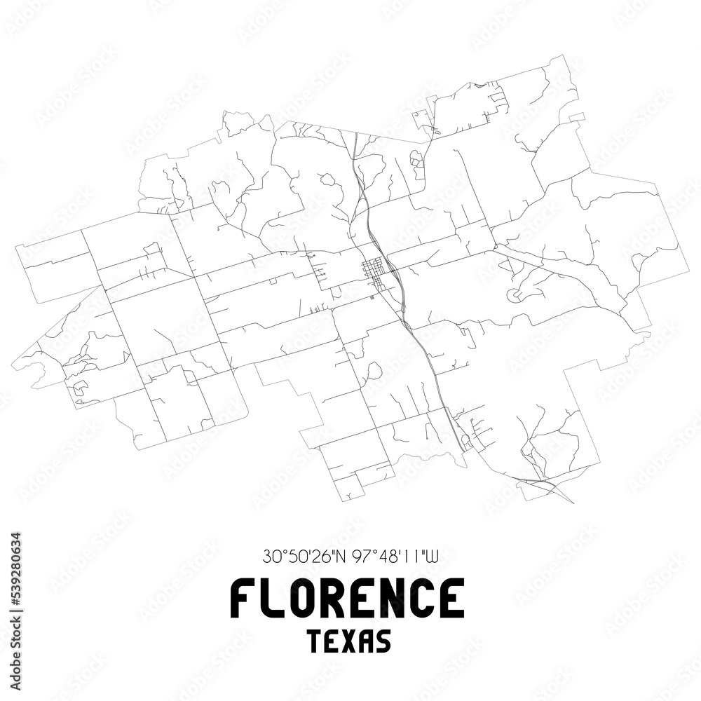 Florence Texas. US street map with black and white lines.