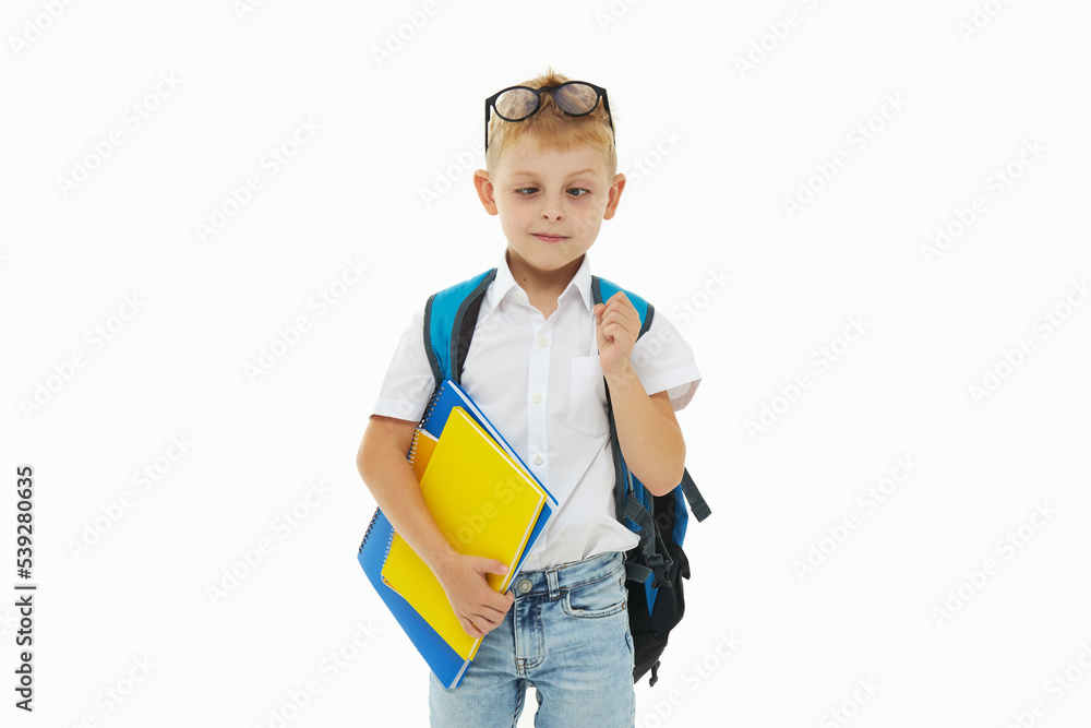 Back to school. Funny little boy from elementary school with a book, a backpack and glasses on a white background. Preparation for school. Concept of early development. Funny face Back to school. Funny little boy from elementary school with a book, a backpack and glasses on a white background. Preparation for school. Concept of early development. Funny face