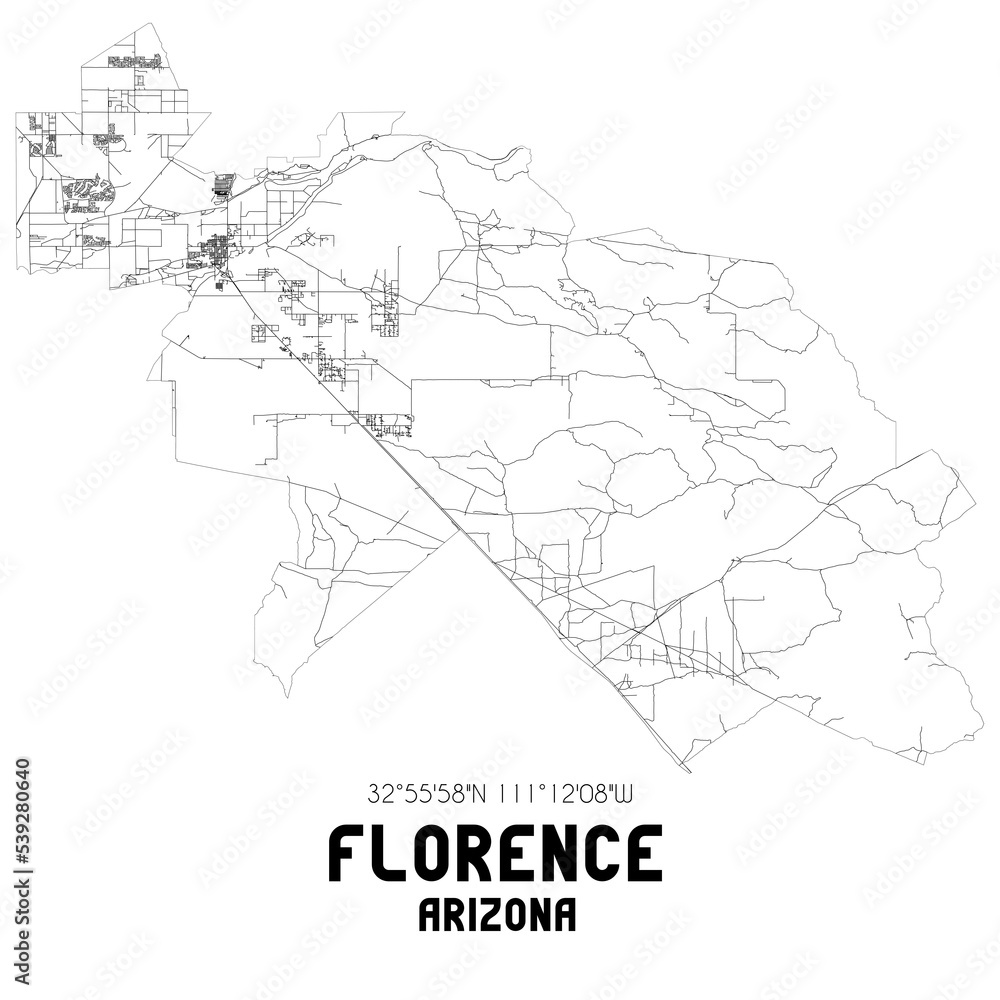 Florence Arizona. US street map with black and white lines.